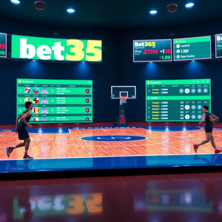 Illustration of basketball court with betting icons and odds displayed on a digital screen
