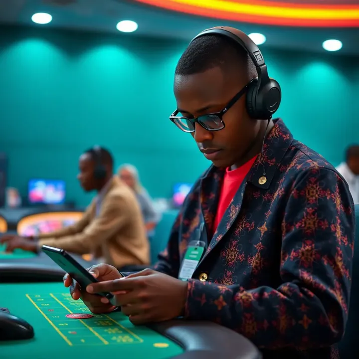 Illustration of a Nigerian player engaging in online coinflip betting on a mobile device