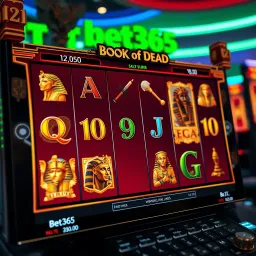 Gameplay screen showing Book of Dead slot reels with ancient Egyptian symbols and winning lines highlighted on Bet365
