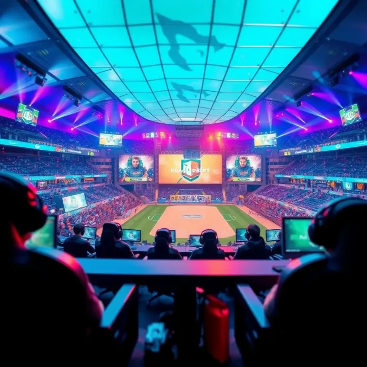 Illustration of a vibrant esports stadium with digital elements showcasing popular competitive games in Nigeria