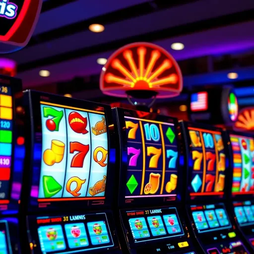 Colorful casino slot machine reels with vibrant symbols and sparkling lights