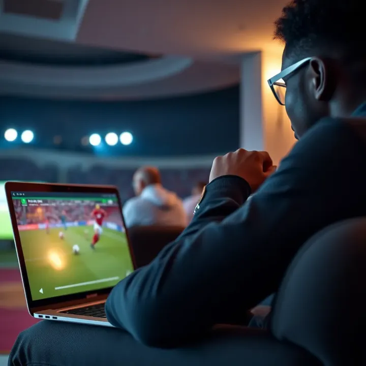Nigerian football enthusiast watching live soccer streaming on laptop screen showing a soccer match