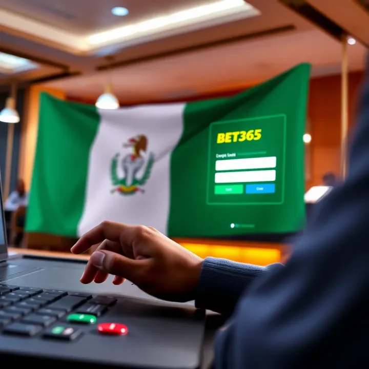 User entering login credentials on Bet365 platform with Nigerian flag in the background