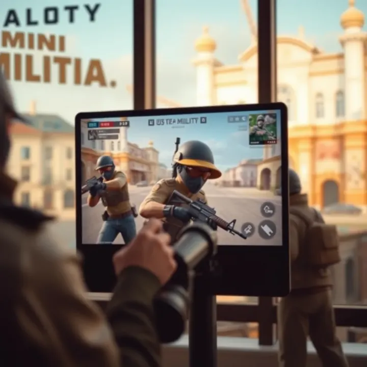 User interface displaying Mini Militia multiplayer game screen with characters in action
