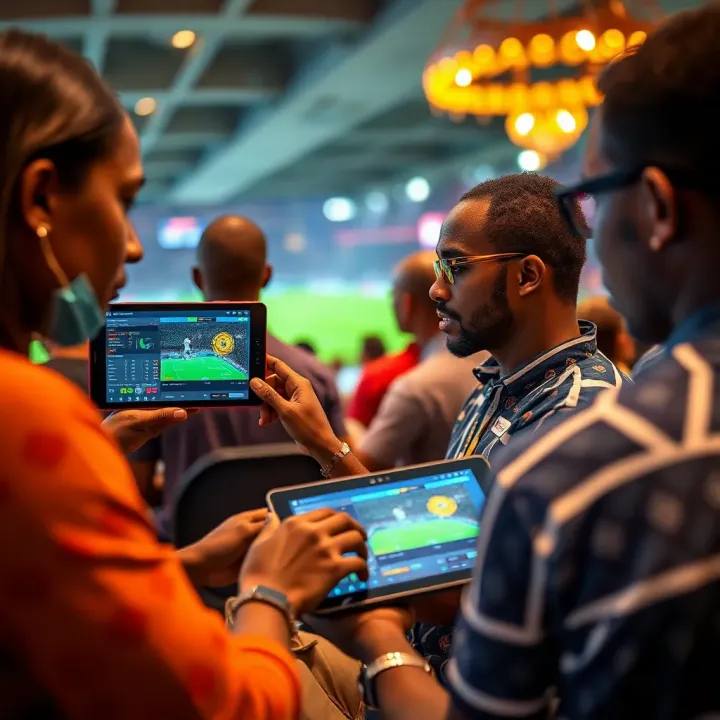 Nigerian football fans engaging with digital devices displaying football statistics and prediction models