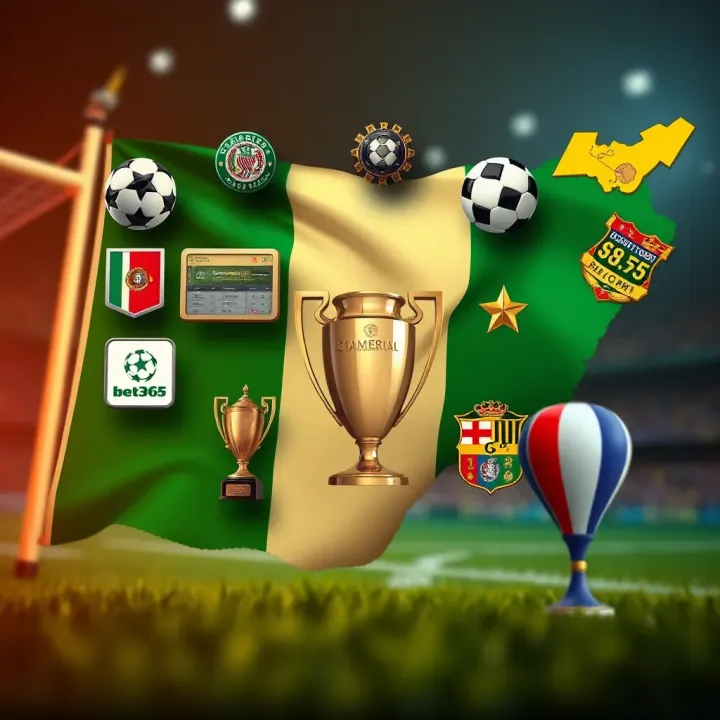 Conceptual illustration of Nigerian flag with safe online betting symbols and Champions League icons